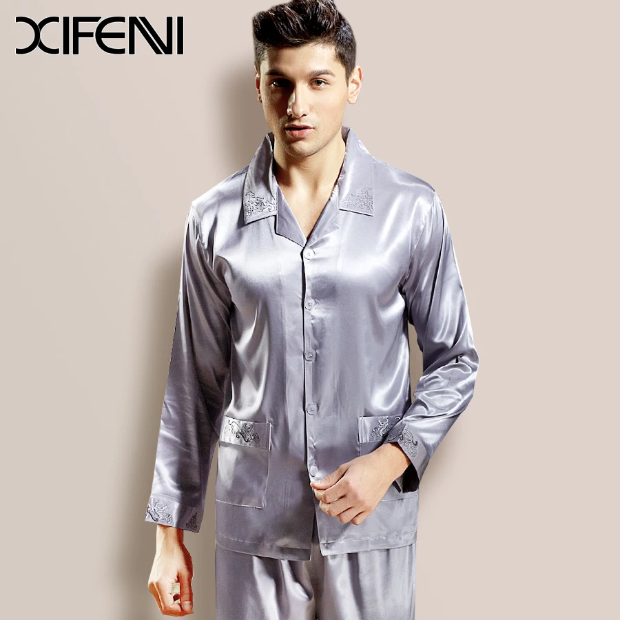 XIFENNI Spring Mens Silk Pajamas Sets Long Sleeve Loungewear Luxury Pyjamas Sleepwear Sets Plus ...