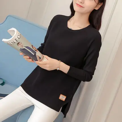 black OHCLOTHING весенний корейский короткий Универсальный Зимний свитер вязаная рубашка с длинным рукавом свободный женский свитер пуловер - Цвет: black