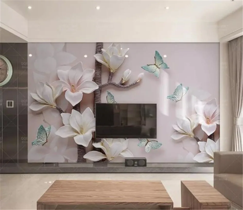 

Custom Any Size 3D Mural Wallpaper Beautiful Pink Embossed Magnolia Butterfly Room TV Background Wall Decoration Mural Wallpape