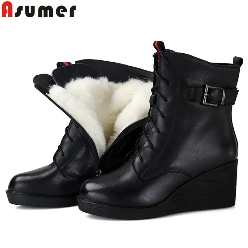

ASUMER black fashion ankle boots for women round toe genuine leather boots wedges shoes cross tied winter keep warm snow boots