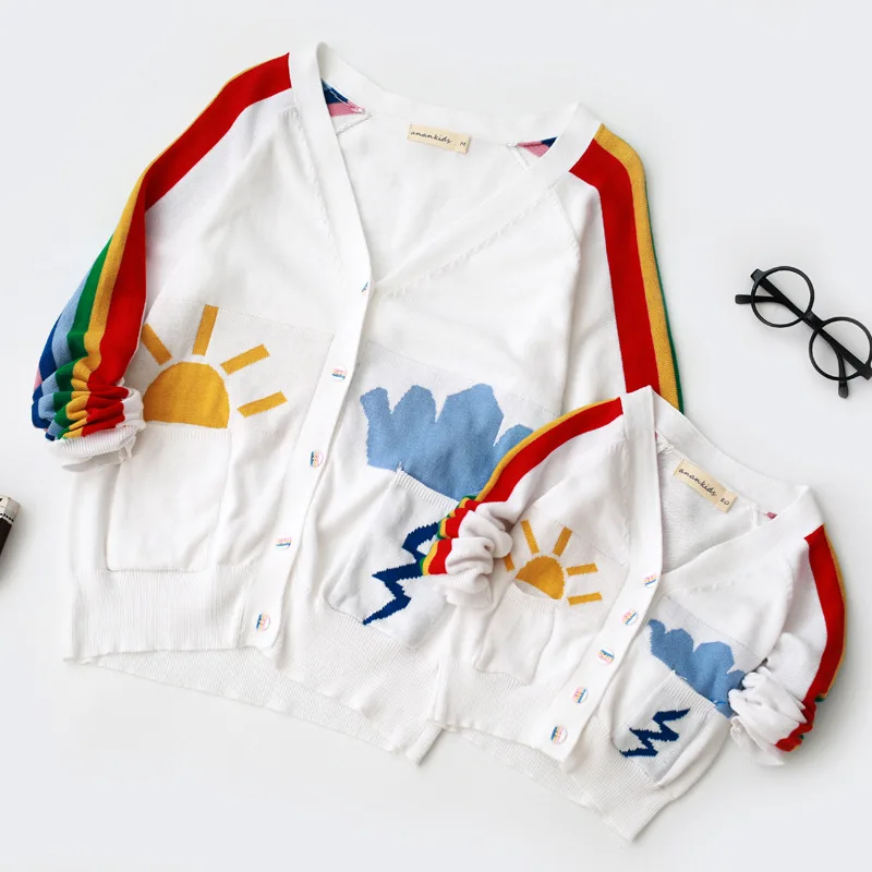 Рождественский свитер, Одинаковая одежда для мамы и ребенка, одежда для мамы, сына, дочери, Радужный солнцезащитный кардиган, куртка для мамы и ребенка, комплект для мамы и ребенка