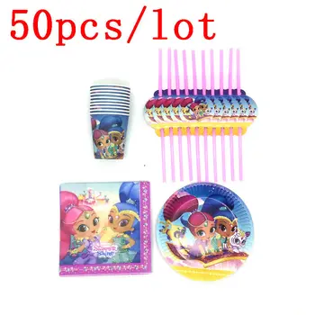 

Hot Shimmer Shine 50Pcs/Lot Disposable Cup Plate Plastic Straw Wedding Family Party Kid Favors Birthday Napkin Decoration Supply
