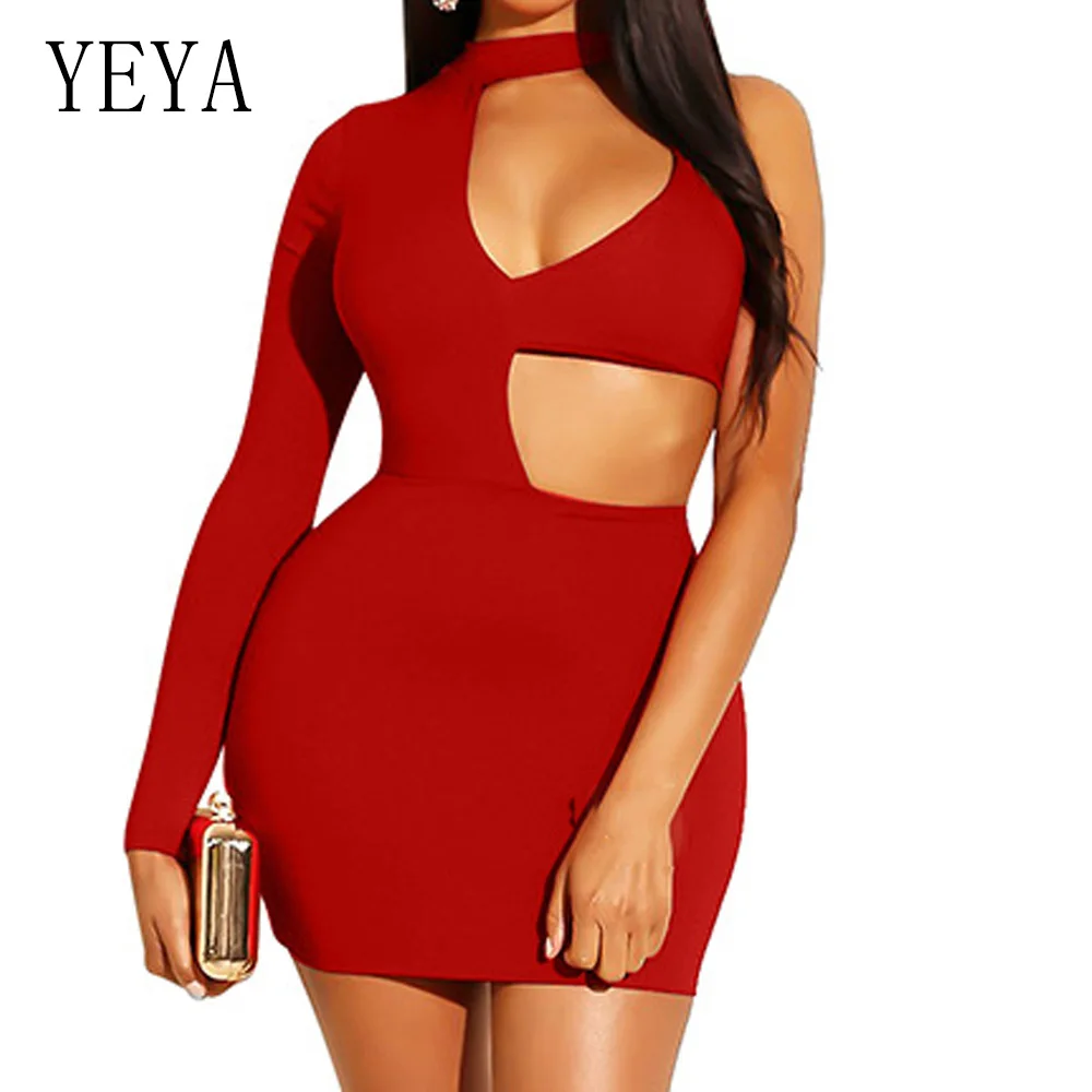 

YEYA Sexy Hollow Out One Shoulder Long Sleeve Slim Short Dress Fashion Open Back Turtleneck Dress Blue Summer Women Clothing