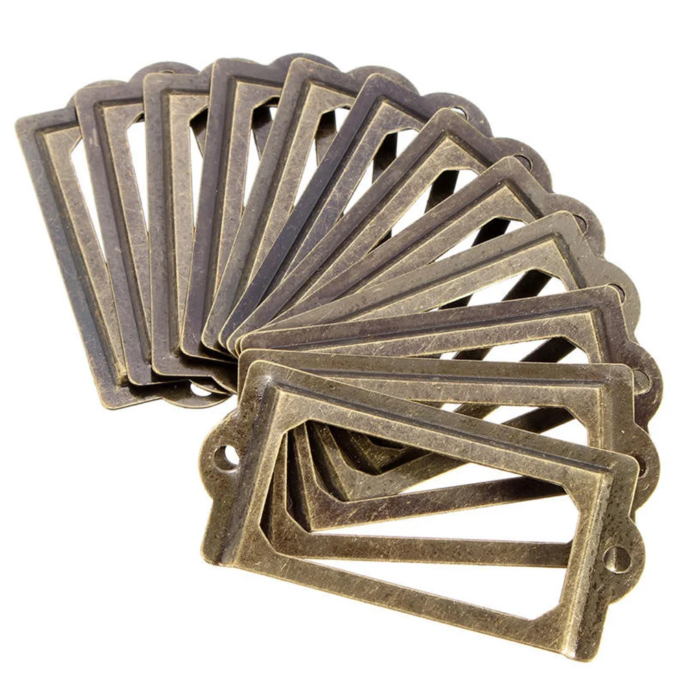 12Pcs/set Antique Brass Metal Label Holders Pull Frame Handle Name Card Holder For Furniture Cabinet Drawer Box Case Bin E5M1