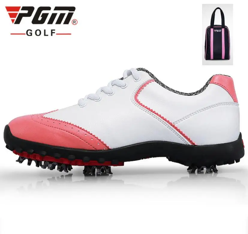 PGM Для женщин британский стиль Туфли для гольфа Водонепроницаемый дышащая микрофибра кожа Спортивная обувь нескользящие спортивная обувь с Обувь сумки - Цвет: pink white