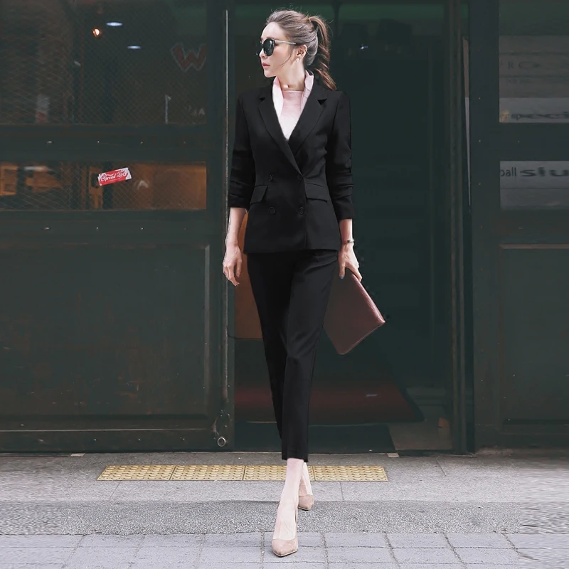 Женские OL стильные модные черные костюмы наборы/женские деловые пальто одноцветные костюмы с двойными пуговицами куртки блейзеры+ брюки S7D815A