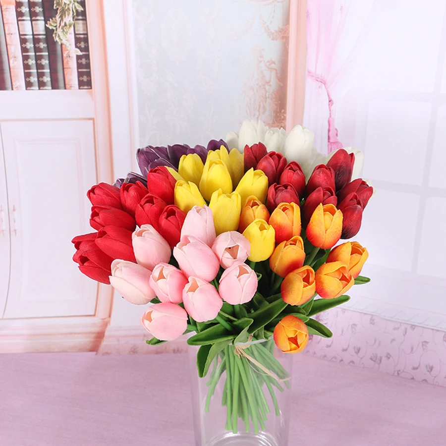 28Pcs/Lot Artificial Tulip Multicolor Polyester Artificial Flowers for