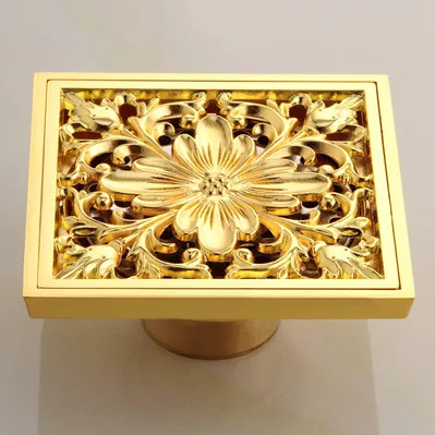 Слив 10x10 см квадратный золотой Латунный для ванной Душевой фильтр напольное покрытие балкон дезодорант Решетка отходов ванная комната стоки DL6616 - Цвет: Gold