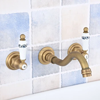 Antique Brass Double Handles Bathroom Faucet Wall Mounted Basin Tap Bathtub Water Mixer Tap Nsf531 high quality chrome brass widespread bathroom basin mixer faucet double handles wall mount