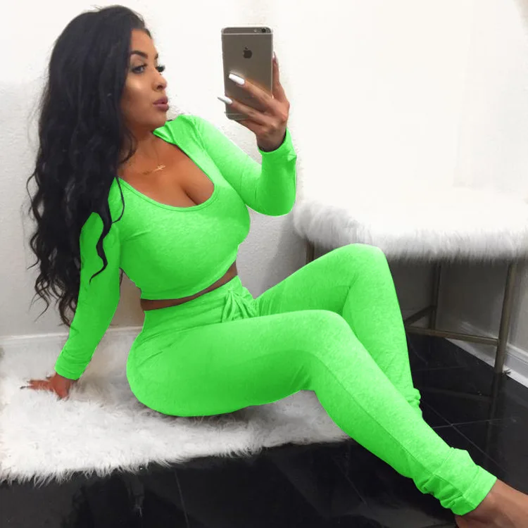 

BKLD Spring 2019 New Casual Tracksuit Women Neon 2 Piece Set Hooded Crop Top And Pants Two Piece Bodycon Women Clothing Sets