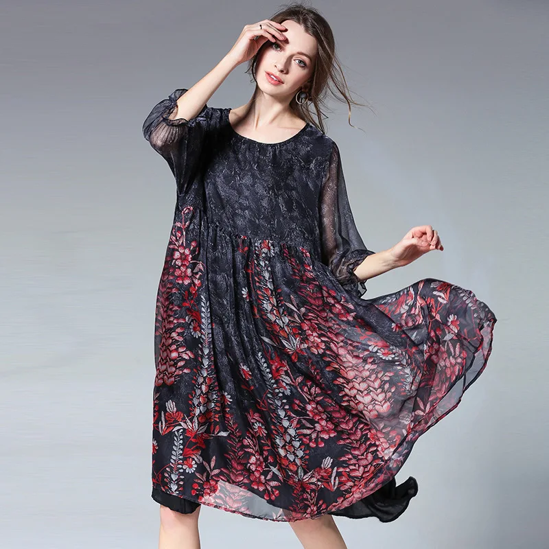 Oversize Midi Chiffon Dress Floral Printed Lantern Sleeve High Waist ...