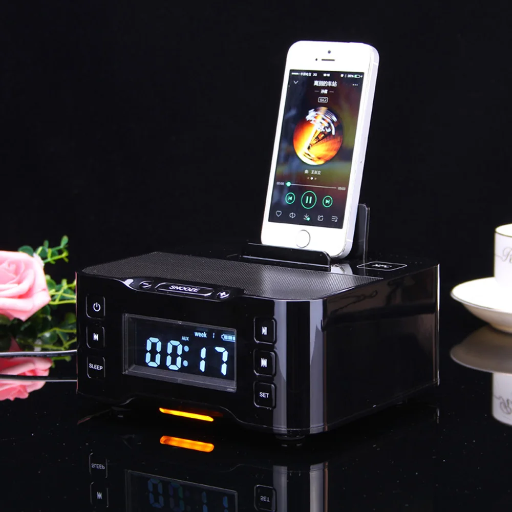 Bluetooth колонка NFC двойной будильник зарядная док станция для iPhone Micro USB Android с FM
