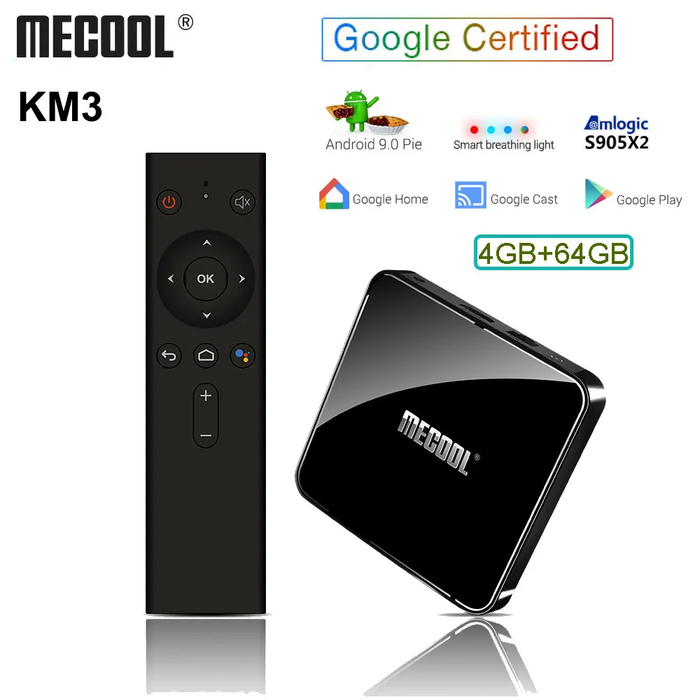 

MECOOL KM3 Google Certified Android 9.0 TV Box 4G DDR4 64G ROM Voice Remote S905X2 2.4G/5G WIFI BT4.0 4K 3D H.265 Smart TV BOX