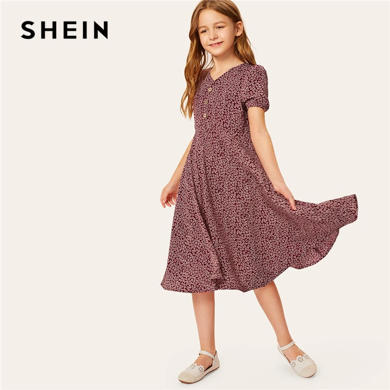 

SHEIN Kiddie Girls V Neck Floral Print Half Button Front A Line Dress 2019 Summer Holiday Puff Sleeve Flared Boho Midi Dresses
