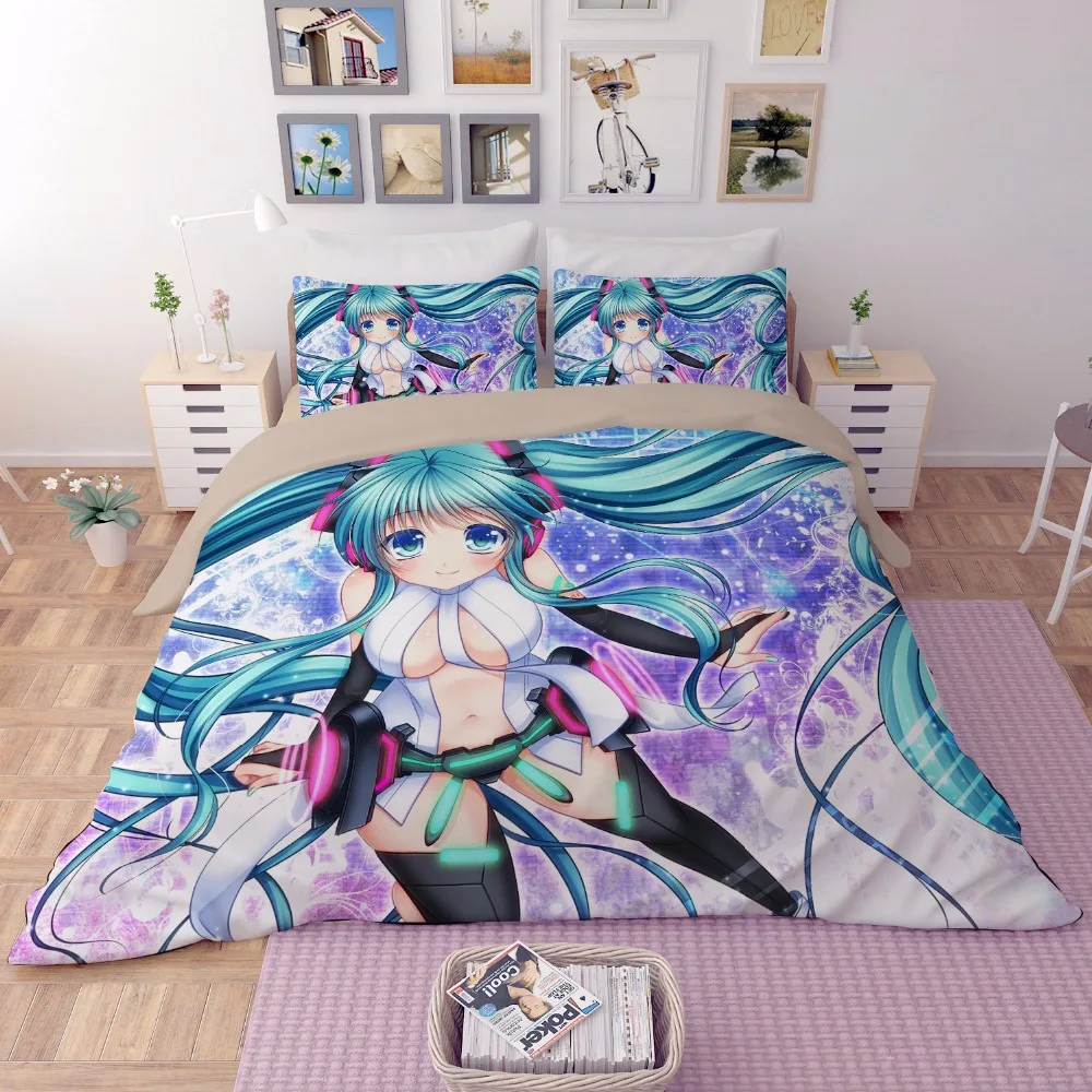 

New cool Quadratic element Hatsune Miku Japanese Anime Bedding Set Fabric Single double Bed Sheets soft Pillowcase Duvet Cover