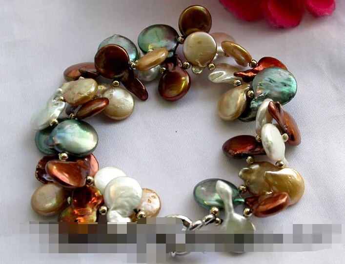 

09591 2row coin coffee green gold pearl bracelet