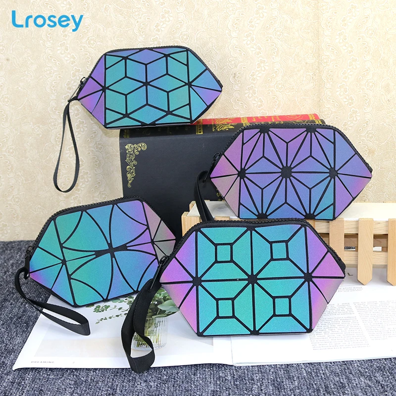Fashion folding makeup organizers geometric rhombic colorful luminous waterproof bags small handbag female travel cosmetic bag
