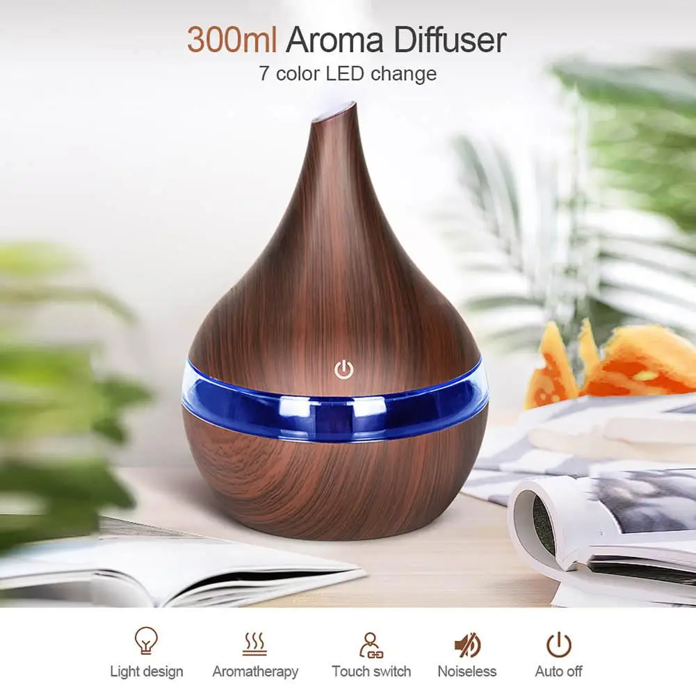 

Humidificador De Ambiente 300ml Wooden Ultrasonic Air Humidifier USB Electric Aroma Humidifier Essential Oil 7 Color LED Home