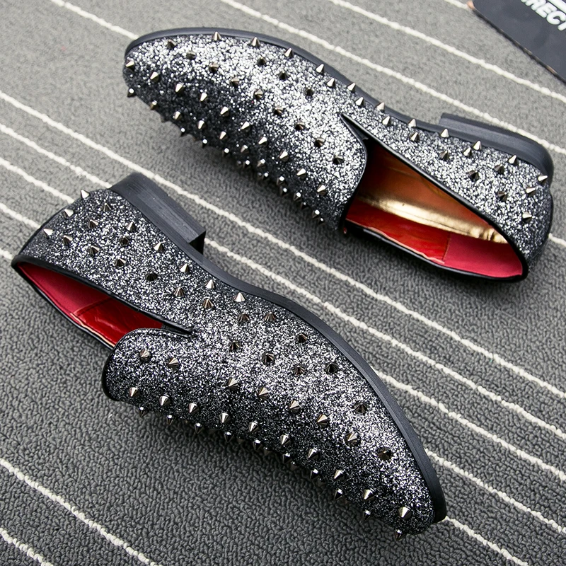 men's spike dress shoes italian silver gold slip on rhinestone loafers 2017 luxury brand unique cool male studded footwear flats (25)