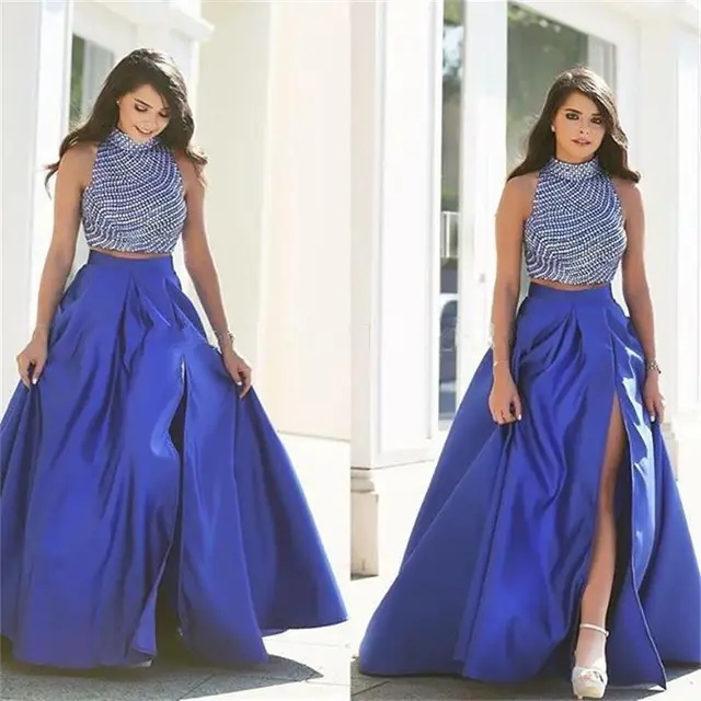 2017 Royal Blue 2 Piece Prom Dresses Long High Satin Floor 