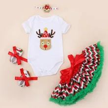 Комплект из 4 предметов для новорожденных девочек, Первый Второй Рождественский наряд с оленем, юбки в горох, повязка на голову для детей 0-24 месяцев