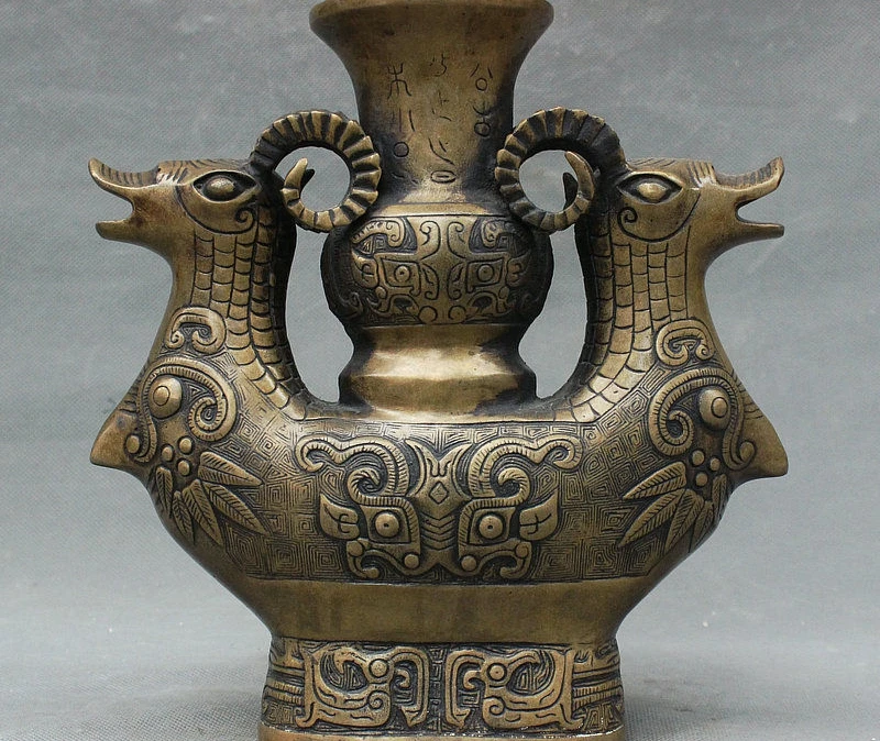 Chinese Bronze Dragon Beast Sheep Flower Vase Bottle Jar Pot Statue 
