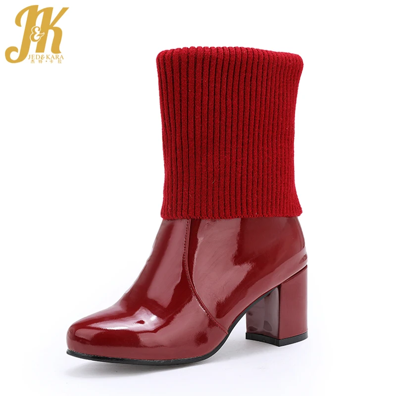 JK High Heels Women Ankle Boots Round Toe Footwear Patent Pu Female Boot Sock Knitting Shoes Woman Winter 2018 Plus Size 34-48 | Обувь