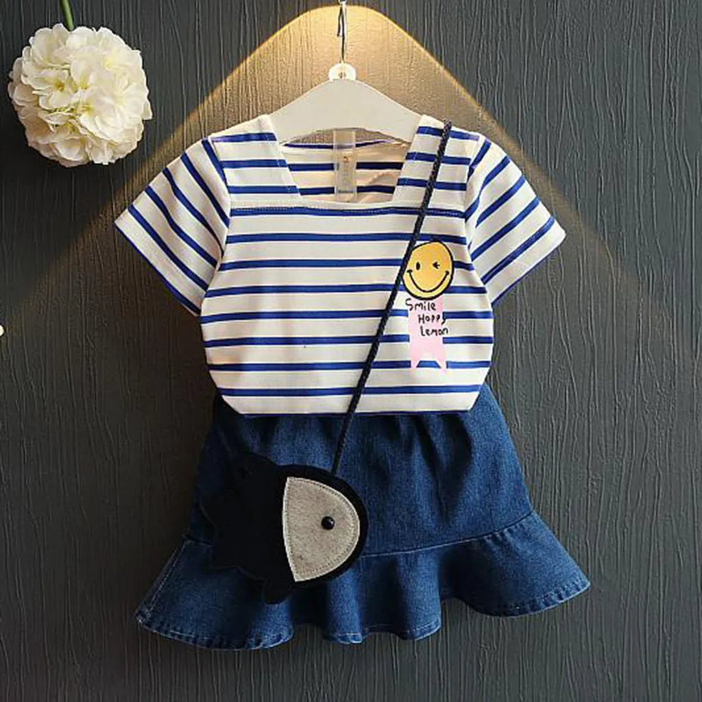 

ISHOWTIENDA new Toddler Kids Baby Girl Outfits Clothes Stripe T-shirt Tops+Denim Short Skirt Set Spring summer new style cc