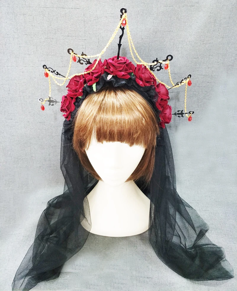 

Restyle Crown Rose Flower Headband Gothic Beauty Masquerade Headdress Halloween Black Veil Lace Retro Hair Accessories Vintage