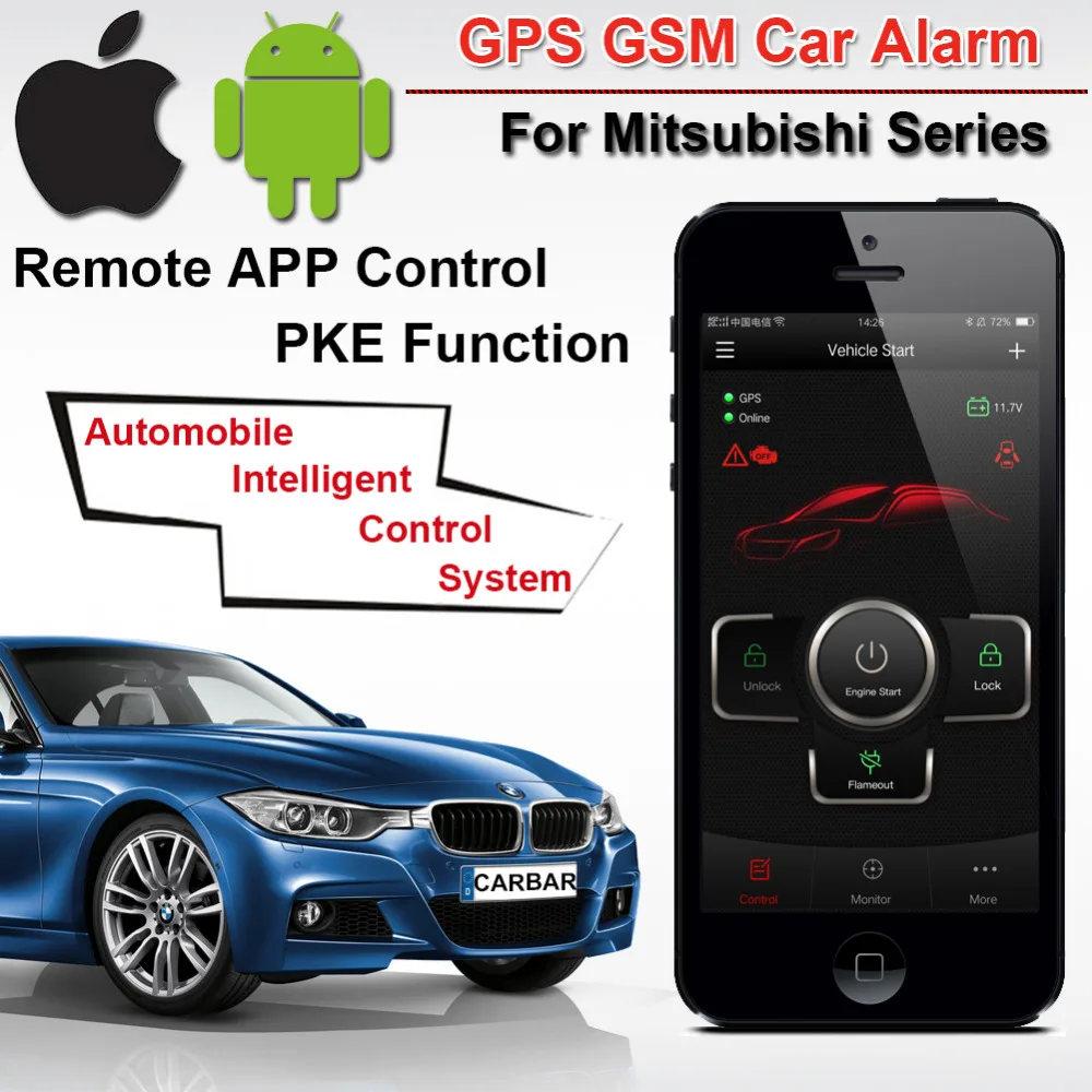 IOS Android PKE gps GSM Автомобильная сигнализация для Мицубиси один старт стоп Кнопка Автозапуск gps трекер История воспроизведения CARBAR