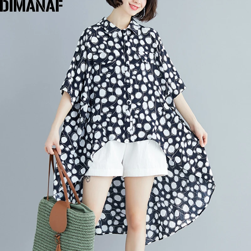 

DIMANAF Plus Size Women Blouse Long Shirt Big Size Summer Lady Tops Chiffon Loose Casual Print Polka Dot Female Clothes 5XL 2019