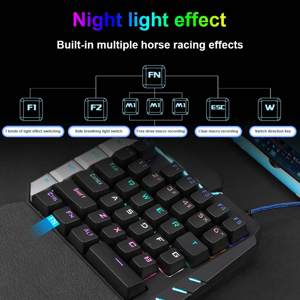 

38 Keys Wired USB Mini Keyboard Rainbow Backlight One Hand Keypad for Dota OW PUBG Game XXM8