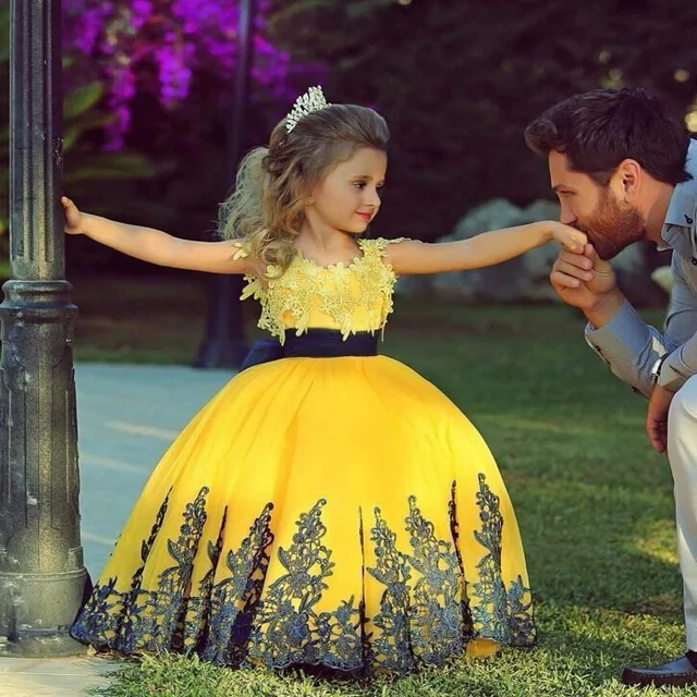 2017 Yellow Ball Gown Floor Length Girls Pageant Dresses Little Girls