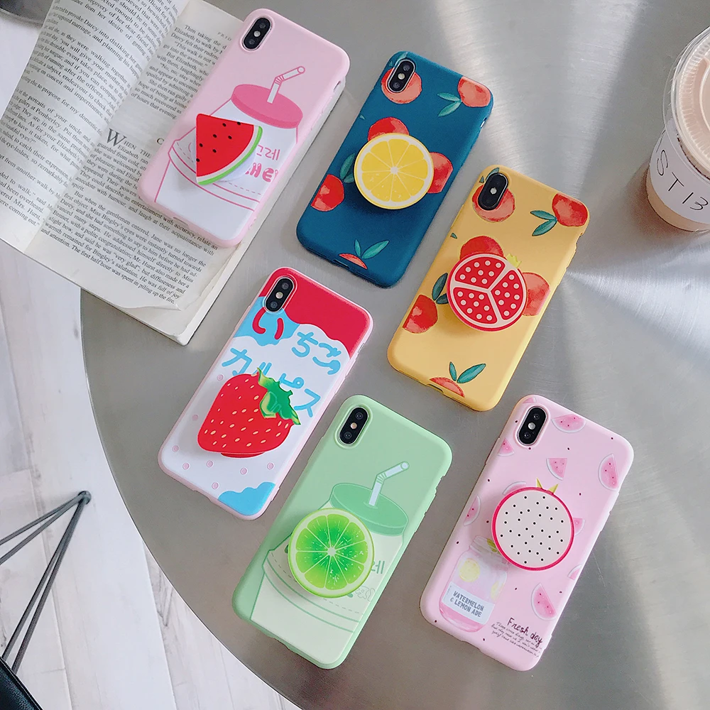 Bebidas de fruta funda de silicona para iPhone 7 7 Plus 6 6 SPlus caso suave de la cubierta del TPU del hojas pájaro para iPhone 8 8 Plus X airbag soporte
