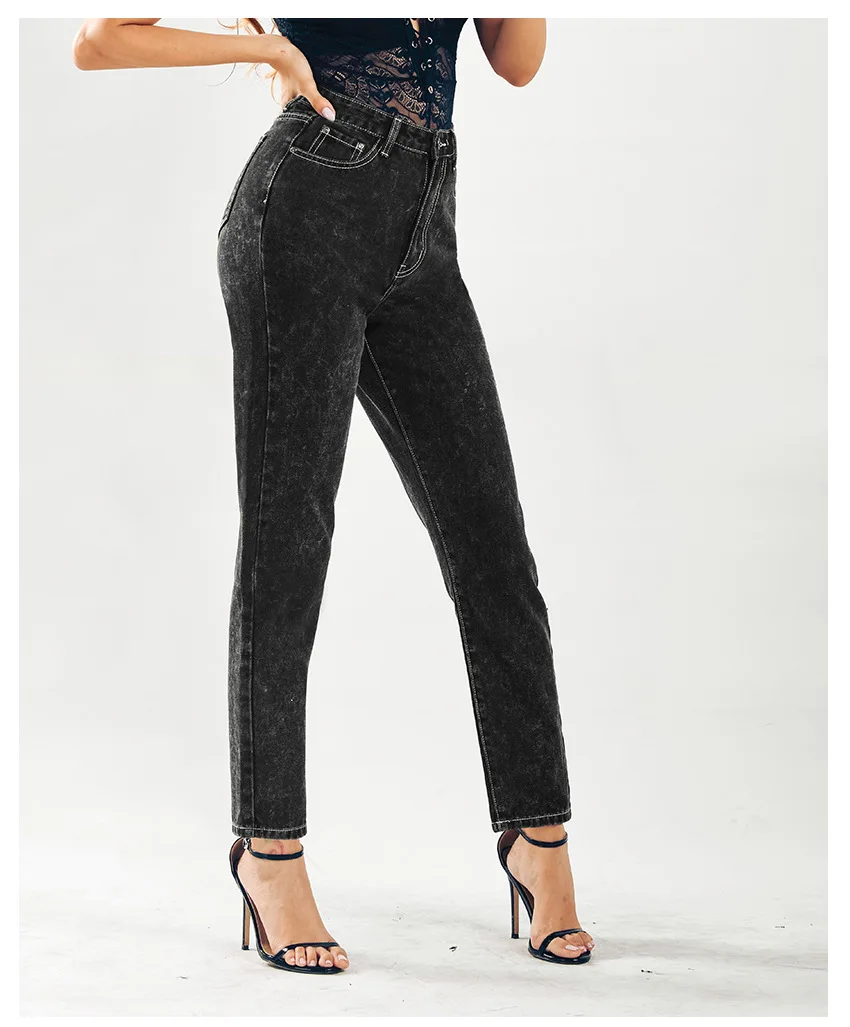 Женские джинсы с высокой талией, повседневные Черные, на молнии, Выбеленные, стрейчевые, джинсовые, винтажные штаны, мотоциклетные джинсы для женщин, джинсовые штаны