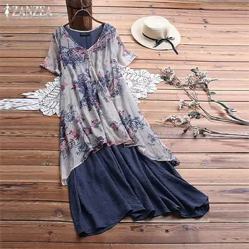 

Vintage Floral Dress Women's Patchwork Sundress 2020 ZANZEA Summer Button Printed Midi Vestidos Female V Neck Robe Plus Size 5XL