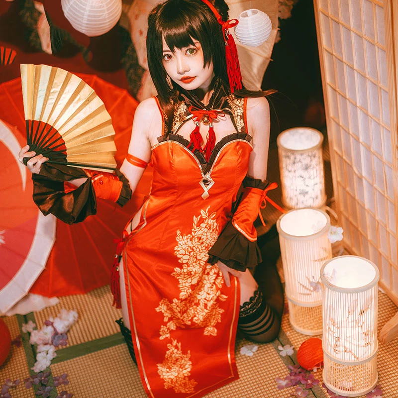 

Anime DATE A LIVE Tokisaki Kurumi Nightmare Cosplay Costume Sexy Cheongsam Dress Outfit Halloween Party Women Girl Red Dress Set