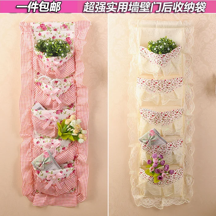 

Wall fabric lace multi-layer storage hanging bag grocery bags