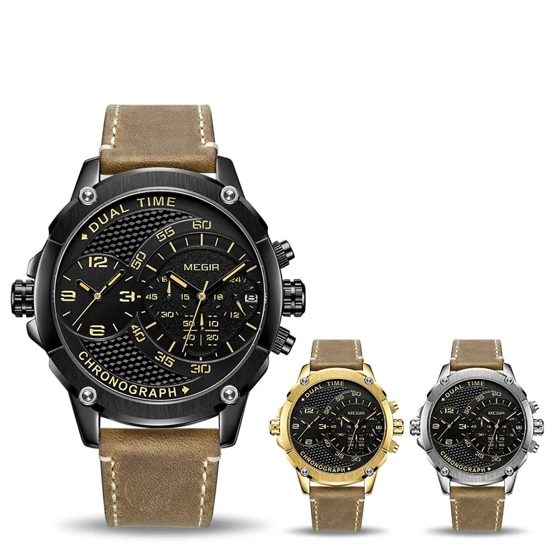 MEGIR Reloj Hombre 2018 спортивные кварцевые часы для мужчин с двумя часовыми поясами