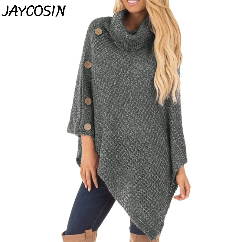 

JAYCOSIN Women Sweaters 2019 Autumn Winter Solid Poncho with Button Irregular Hem Knitted Turtleneck Sweater Pullovers Tops jy24