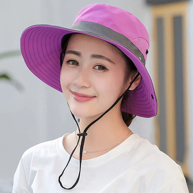 Women Outdoor UV Protection Cap Foldable Mesh Wide Brim Summer Beach ...