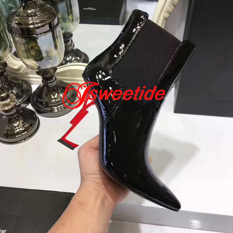 Женские модные черные брендовые мотоциклетные ботинки на высоком каблуке из лакированной кожи дизайнерские Ботильоны на каблуке с острым носком - Цвет: A2