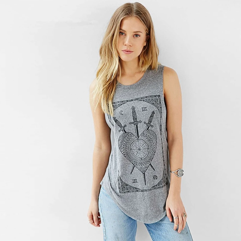 

New summer sword tarot circle print sleeveless t shirt Women Casual t shirt Top Tees Camisa Lady t shirt Z2130
