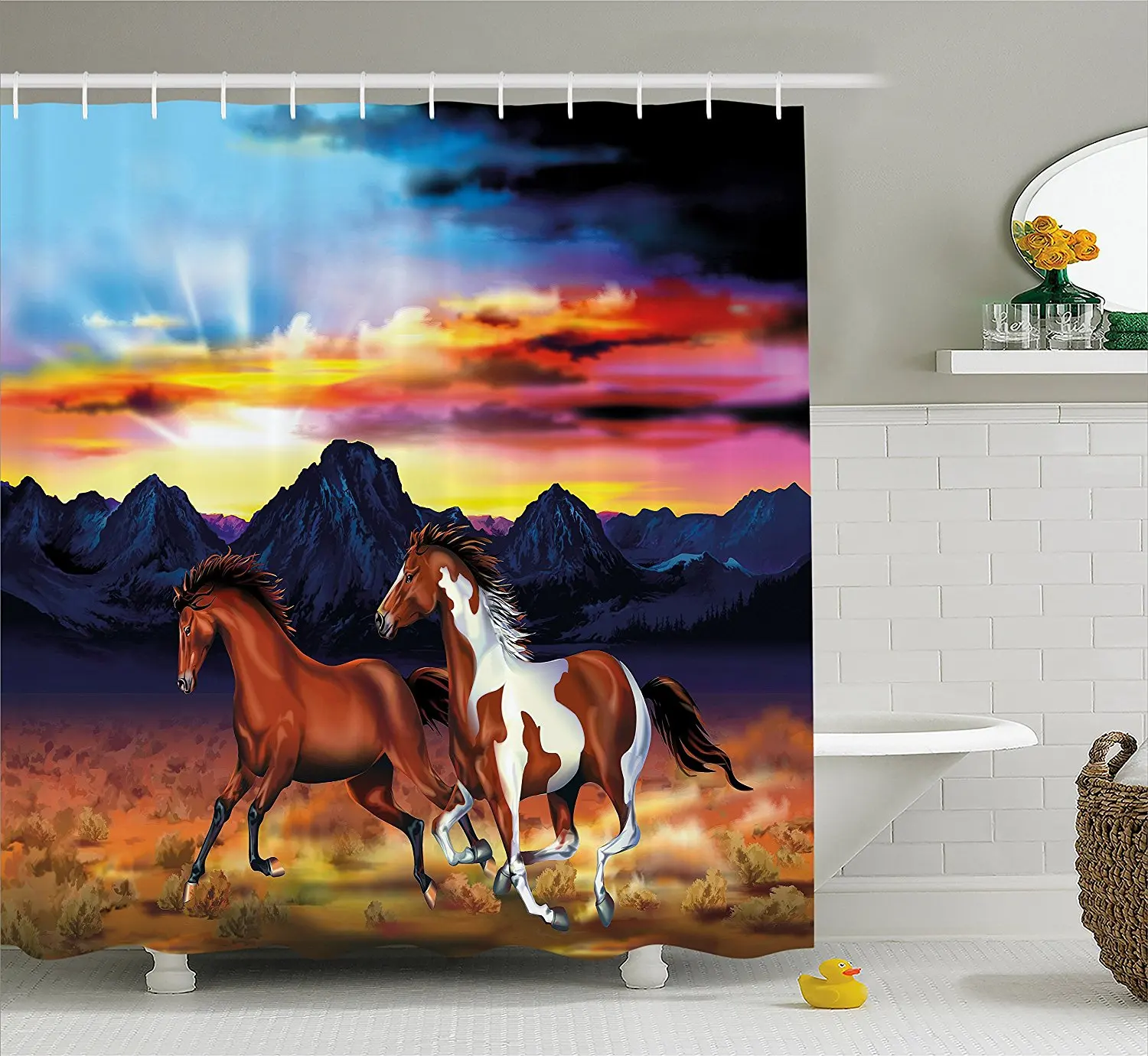 Western Shower Curtain Running Wild Horses at Sunset Artistic Rustic Western Shower Curtain Running Wild Horses at Sunset Artistic Rustic Landscape Colorful Sky Illustration Decor Set with Hooks in Shower Curtains from Home