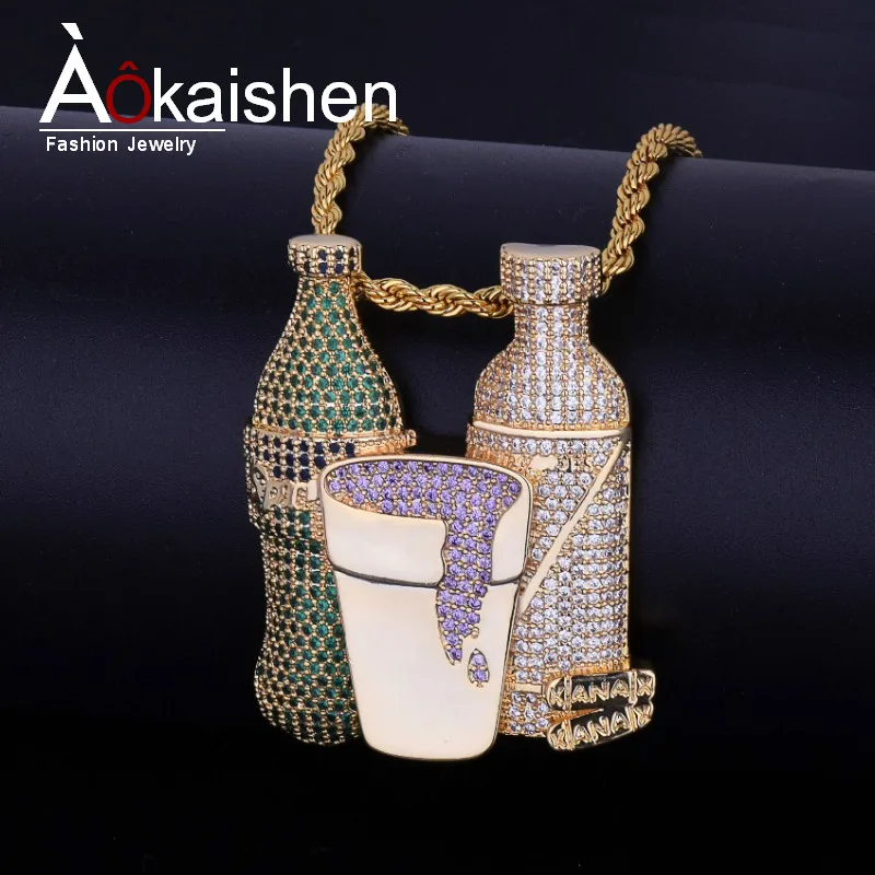 

Iced Out Double Bottle Purple Cup Hip Hop Combo Pendant Necklace Gold Silver Color Cubic Zircon Men's Jewelry Free Tennis Chain