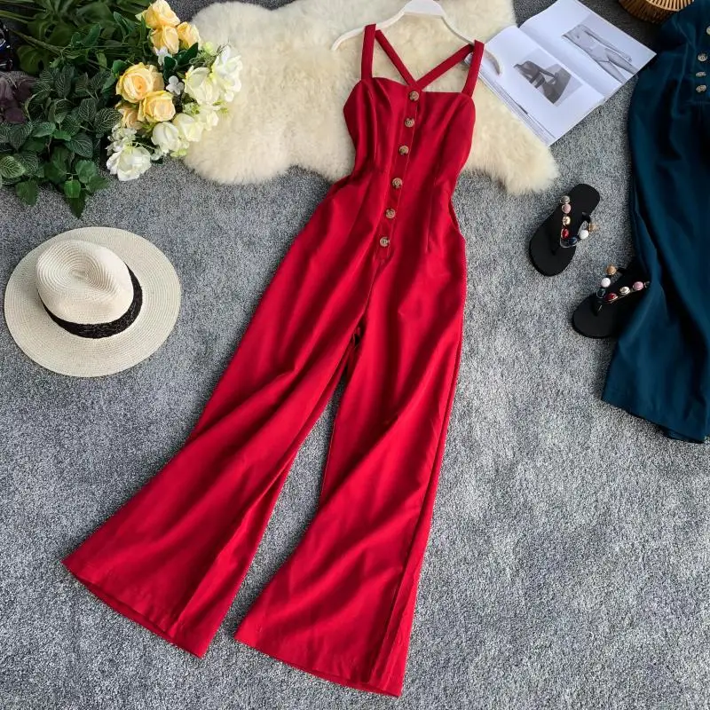

Button suspender pants 2019 new brooch, cross back, slim seaside holidays pure-color broad-legged trousers