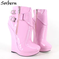 Sorbern 18CM Women Ankle Boots Wedges Shoes Plus Size Buckle Strap Fashion Ladies Unisex Shoes Patent Leather Custom Made Color