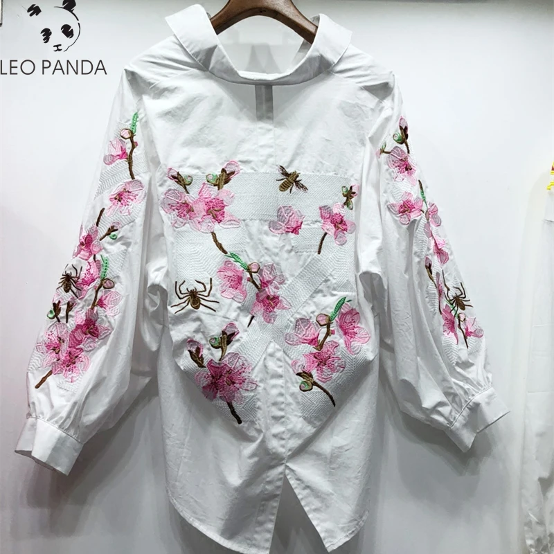 Spring Autumn Tops Woman Irregular Flower Embroidery Shirt New Loose Casual Blouse V-Neck lantern Sleeve blouses Female HF76 | Женская