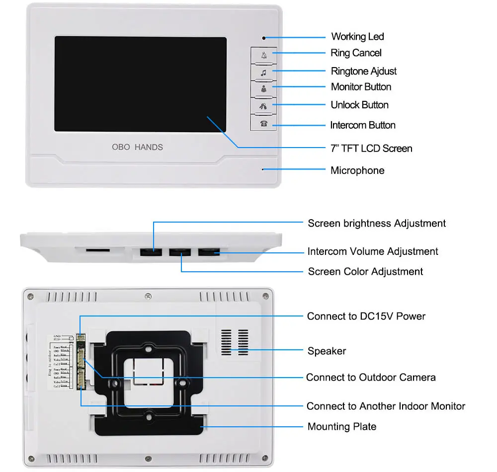 Видео дверной звонок Дверной телефон 7 "цветной экран с водостойкой наружной камерой двухстороннее аудио ночного видения для системы