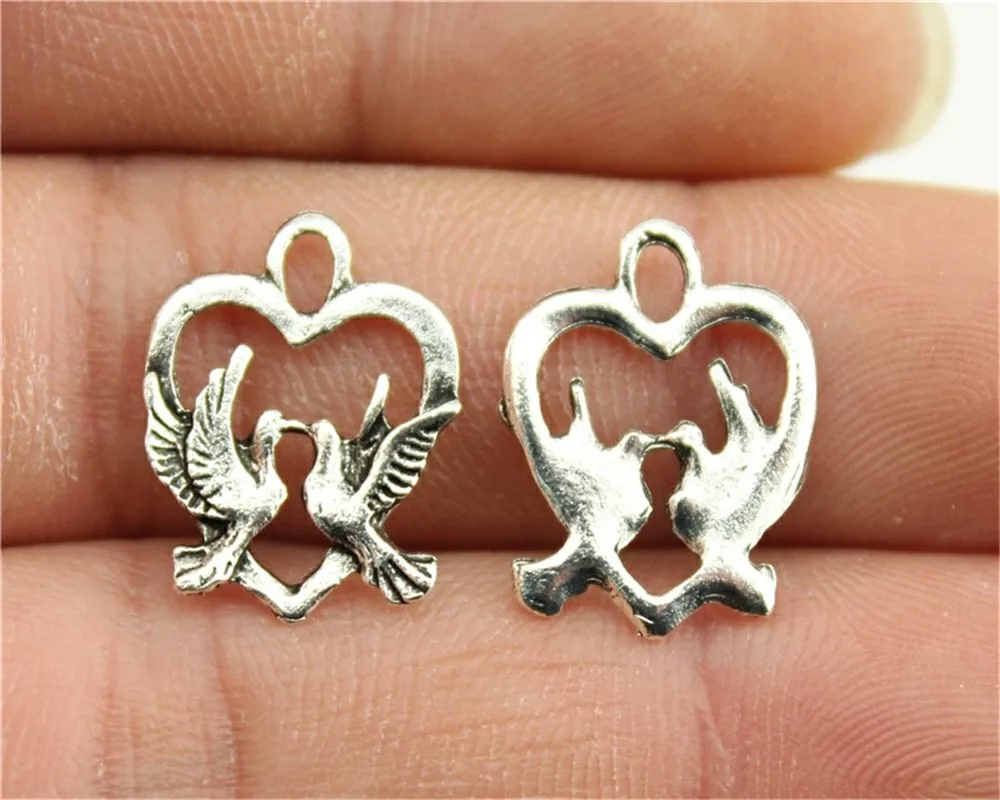 

WYSIWYG 30pcs 18x14mm Love Birds Charms Antique Silver Color For Jewelry Making Love Birds Heart Charms Birds Heart Charms